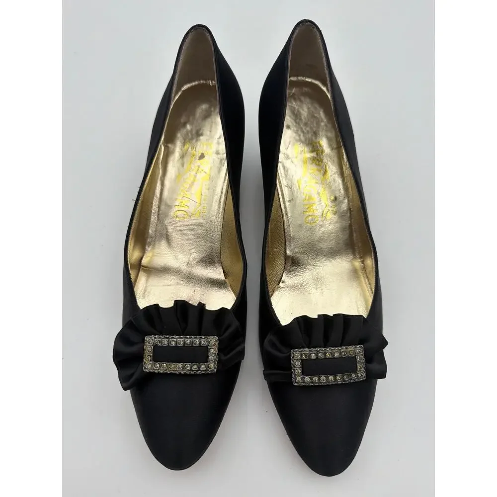 Salvatore Ferragamo 7.5 N 7.2 AA Black Satin Jewel Buckle Kitten Heels VTG READ